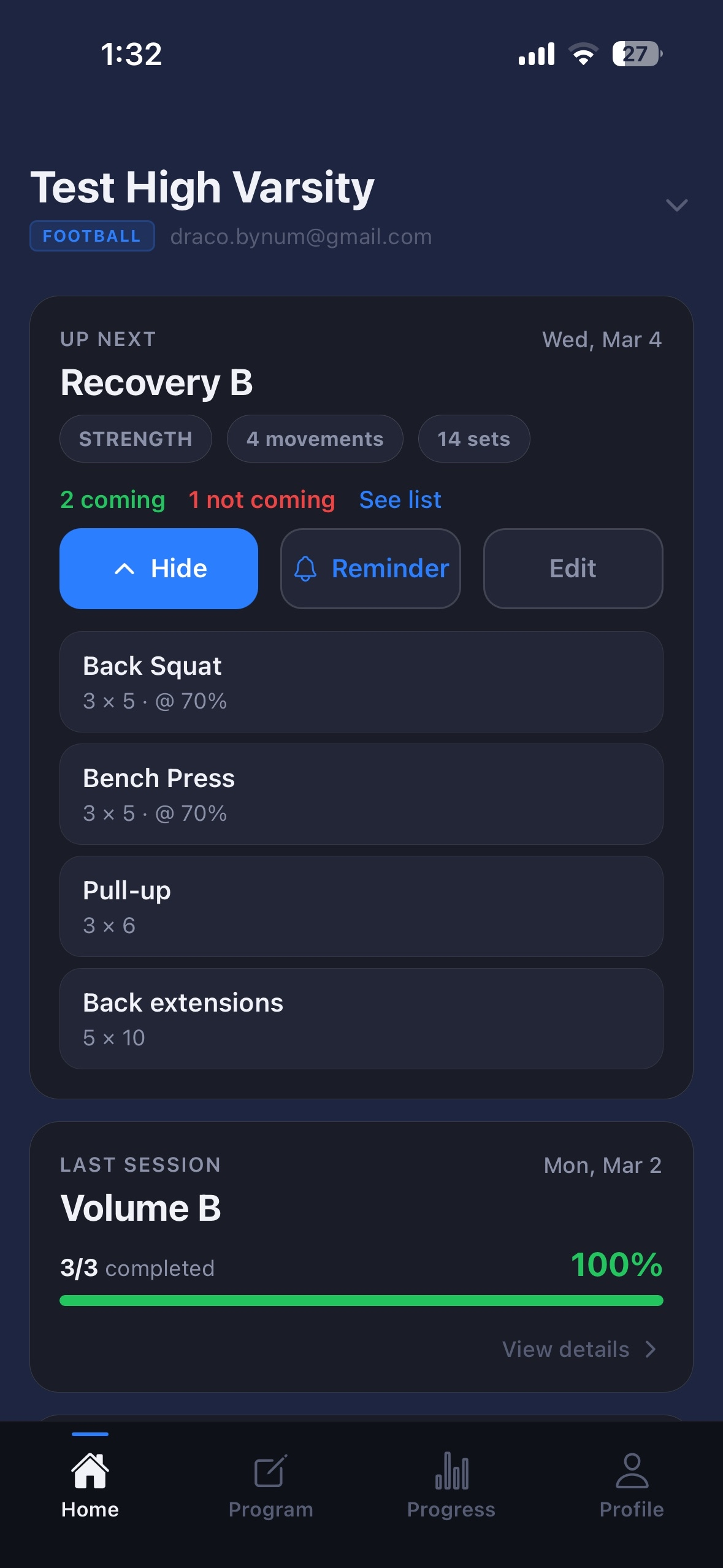 TrainToday coach view — programs and team