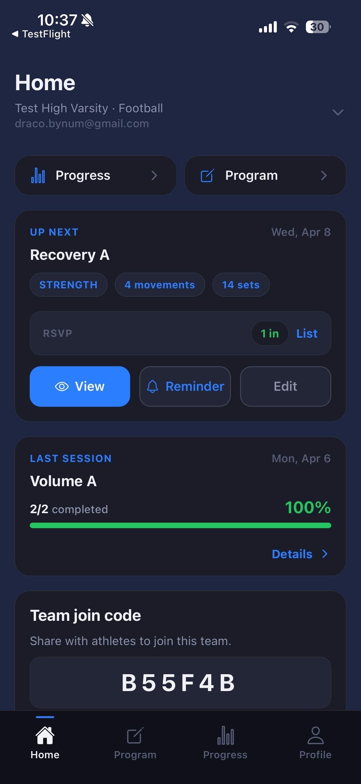 TrainToday coach home view: team overview and programming
