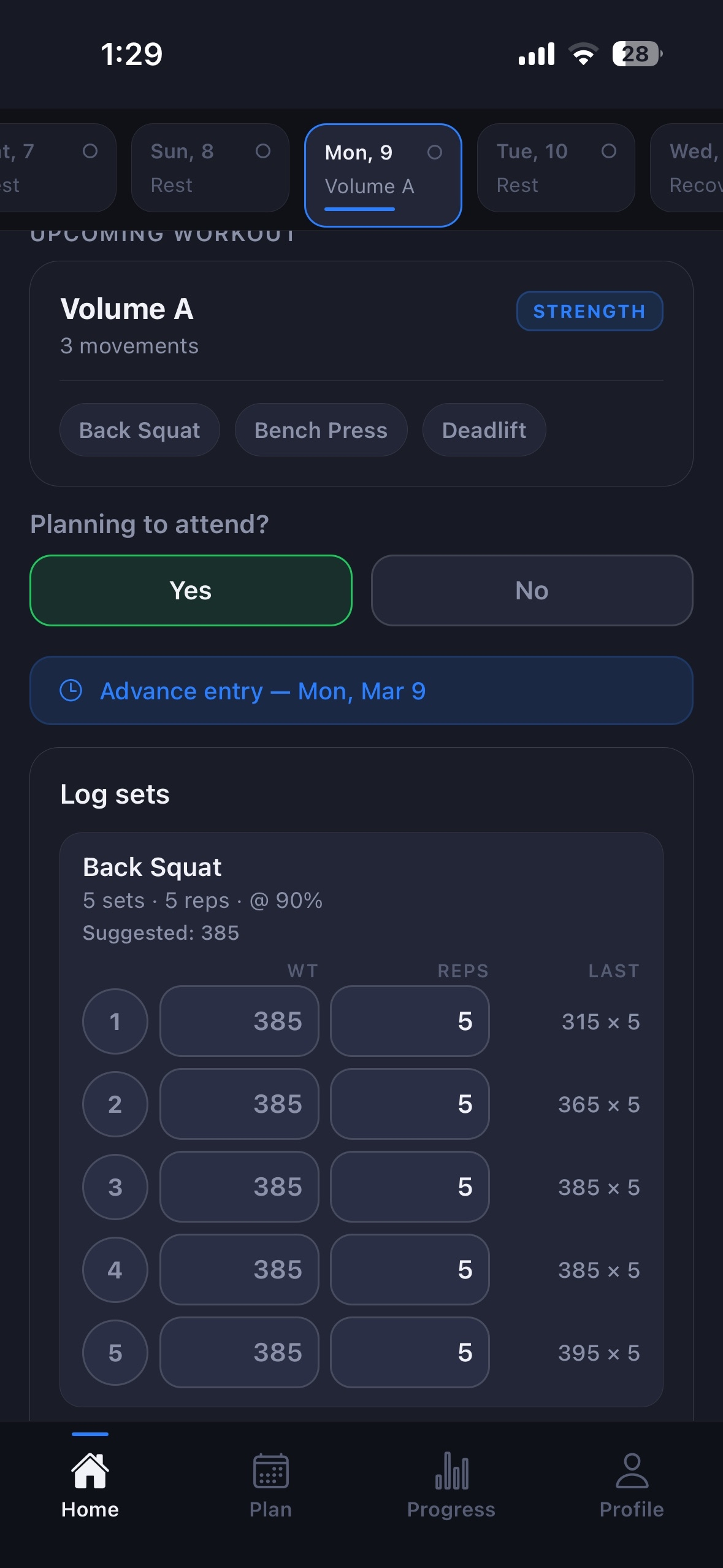 TrainToday athlete view — today's workout and logging