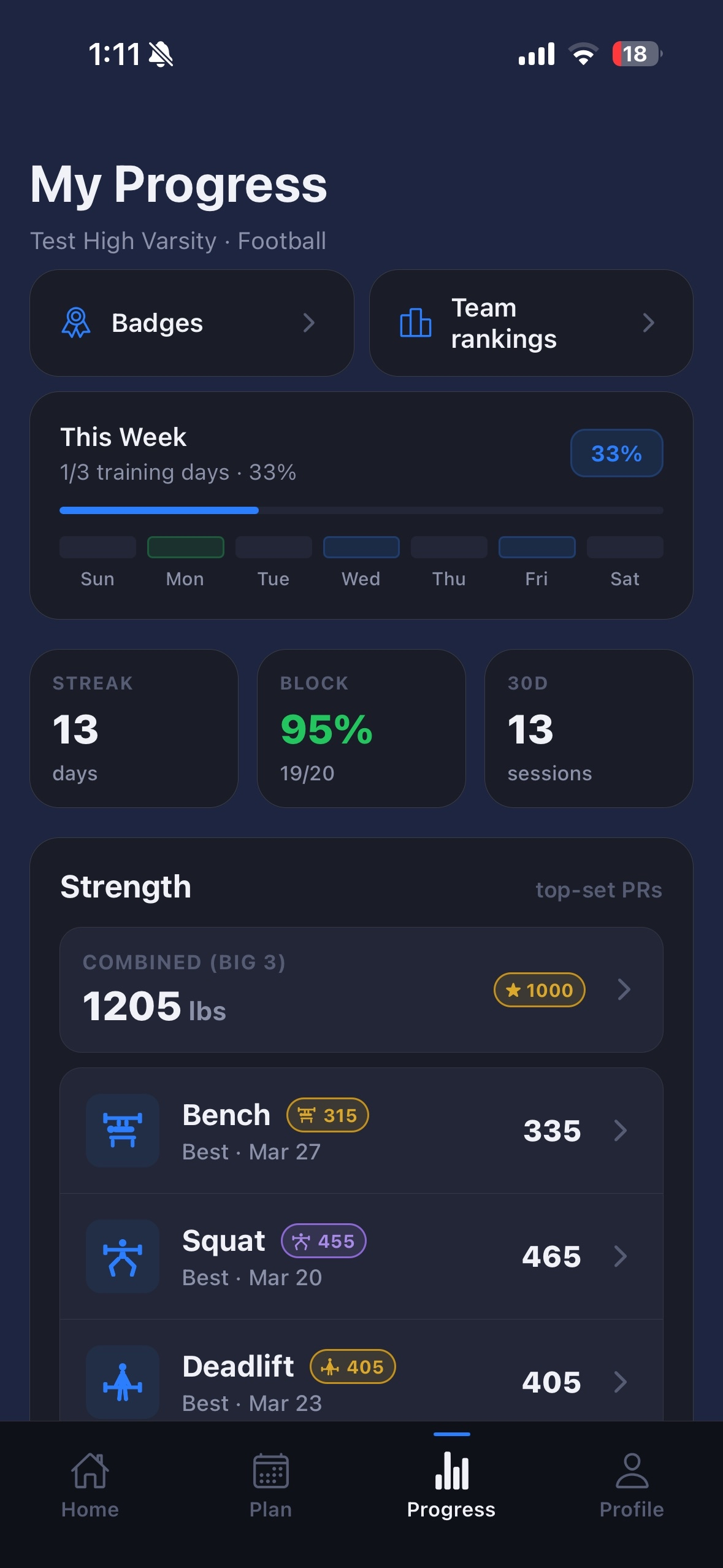 TrainToday athlete home view: today's workout and logging